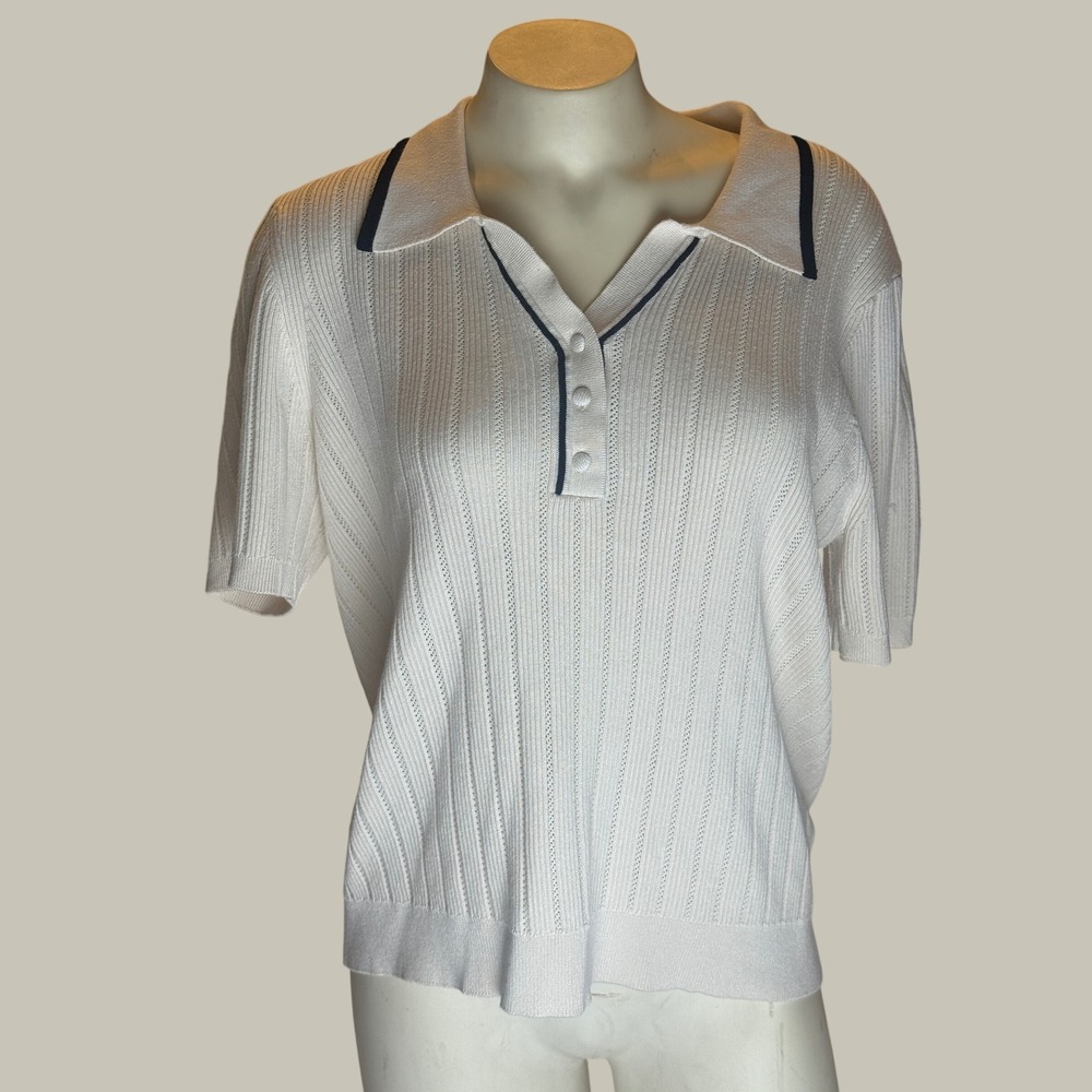 Adrianna Papell Ivory Ribbed Pointelle Knit Polo Top Navy Trim XL AD1S301702